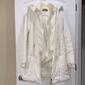 White long puffer parka jacket with soft hood
